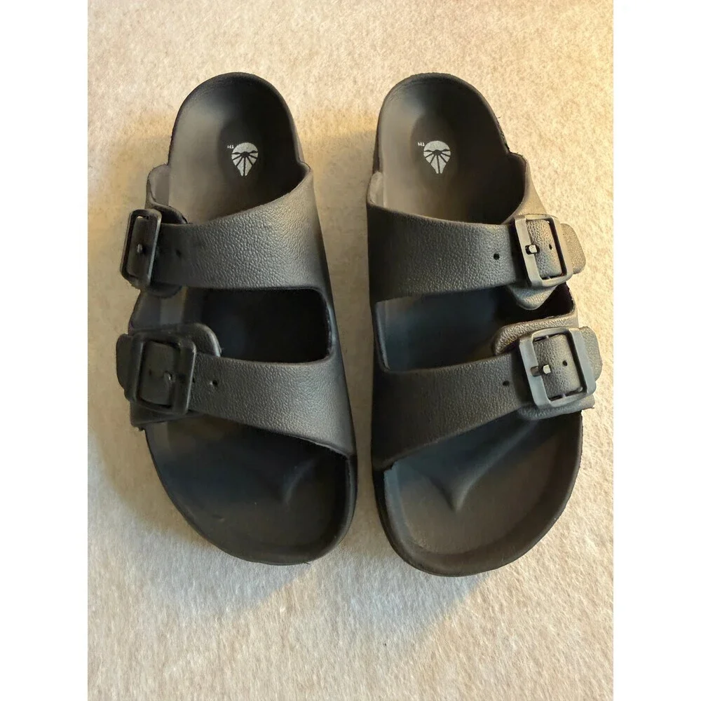 Men’s Black Double Strap Slide Sandals Size 8 Buckle Comfort Casual Beach Slides